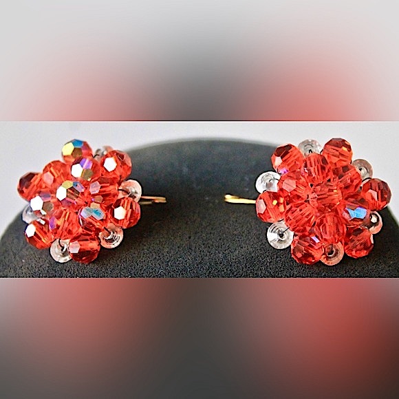 LAGUNA NECKLACE BRACELET EARRING VINTAGE 3PC SET ORANGE & CLEAR AURORA BOREALIS - Picture 10 of 11